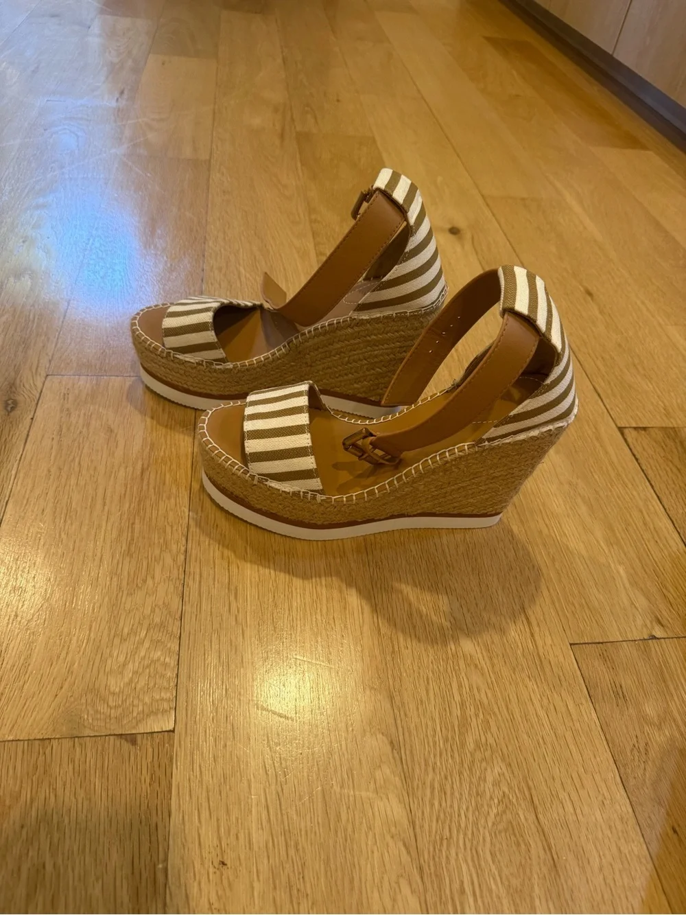 See By Chloe Tan Leather & White Striped Espadrille Wedge Sandals
